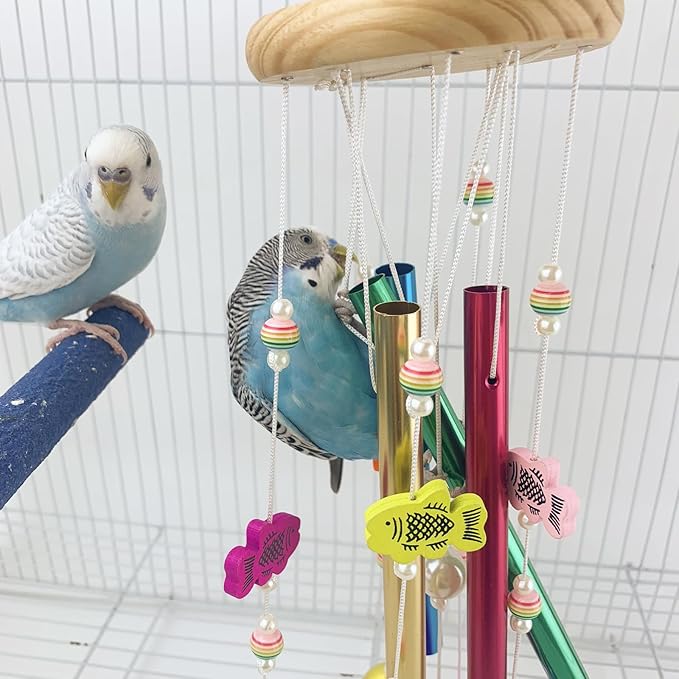 FlidRunest Bird Chewing Toys with Colorful Bells, Conure Wind Chimes Chew Toy with Colorful Stick, Bird Parrot Cage Hanging Bells Toys for Conure, Budgie, Parakeet, Cockatiel, Lovebird