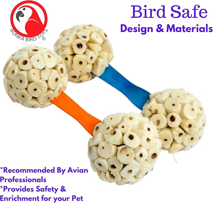 Bonka Bird Toys 2965 PK2 Natural Sola Dumbbell 4" x 1.5" Natural Wood and Sola Ball Toy for Small to Medium Birds for Chewing and Enrichment Conure Parakeet Amazon and Similar