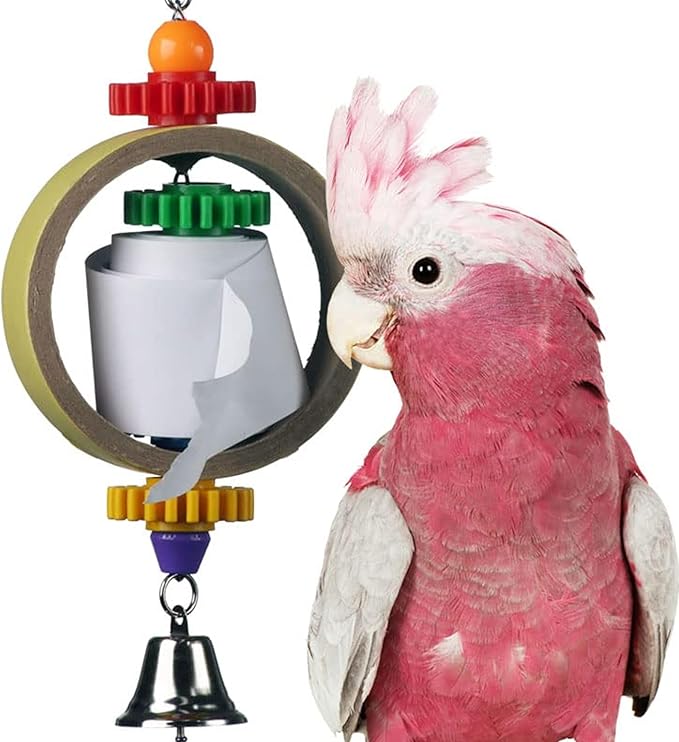 Super Bird Creations SB628 Tape Dispenser Bird Toy - Cardboard Bagel with Machine Paper, Chewable & Shredding Components, Sensory Bell, African Greys Parrots Small Cockatoos, Large Bird Size 14"x5"