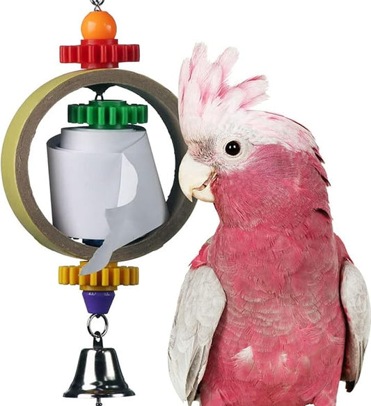Super Bird Creations SB628 Tape Dispenser Bird Toy - Cardboard Bagel with Machine Paper, Chewable & Shredding Components, Sensory Bell, African Greys Parrots Small Cockatoos, Large Bird Size 14"x5"