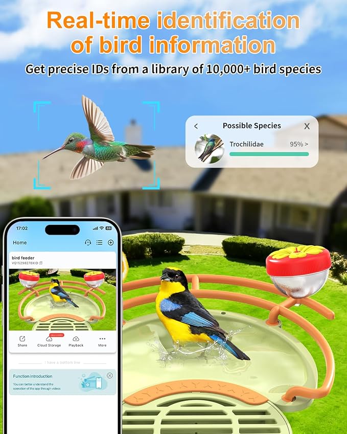 Bird Feeder with Camera, 2K HD Camera Birds Feeder with AI Bird Recognition, Solar Powered Smart Birdfeeder with Bath, App Control, Color Night Vision, Gift Box Package, Easy Install