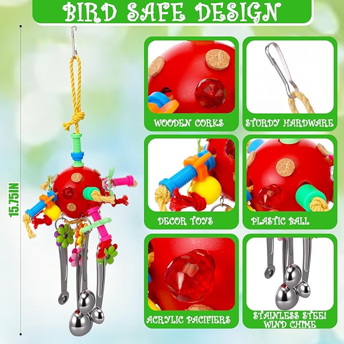 Soulchen 4 Pcs Extra Large Bird Parrot Toy Set Natural Wooden Chewing Toy, Rattan Ball, Wood Nut Loofah String (Bagged) for Large Macaws, African Grey, Amazon Parrots (Corn Cob)