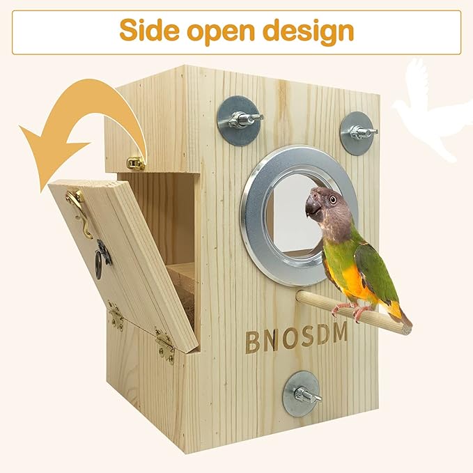 BNOSDM Parakeet Nesting Box Transparent Bird Breeding Nest Boxes Natural Wood Bird Cage (S)