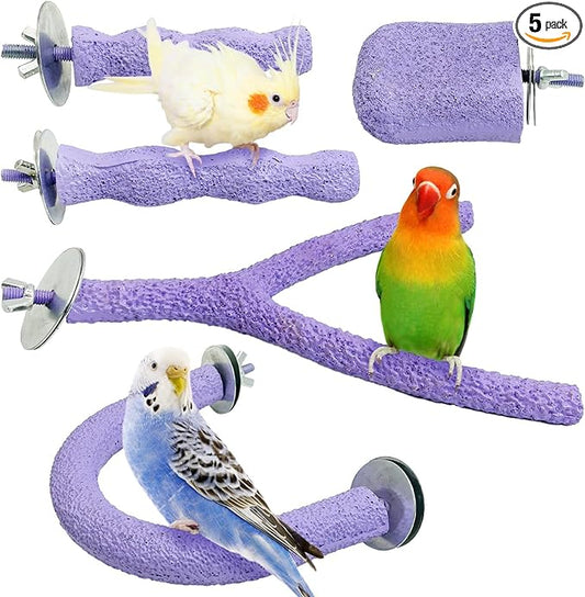 PINVNBY 5 Pack Bird Perch Resin Bird Beak Grinding Stone Parrot Cage Stand Platform Foot Claws Trimmer Chew Toy Cage Accessories for Budgie Cockatiel Conure Lovebird Finch (Purple)