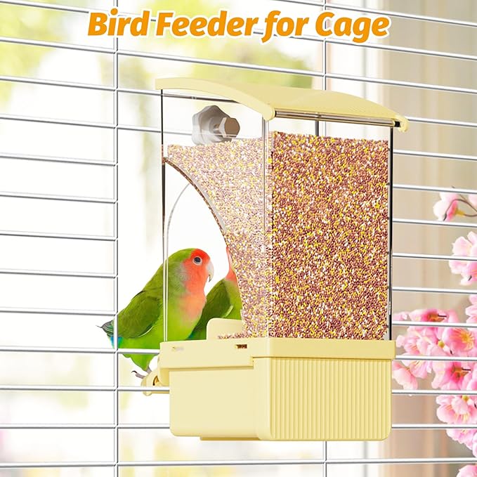 BNOSDM No Mess Bird Feeder Transparent Automatic Bird Cage Feeder with Perch Acrylic Parrot Food Container Parakeet Cage Accessories for Parakeets, Budgies, Cockatiel, Finch, Canary, Lovebird (Yellow)