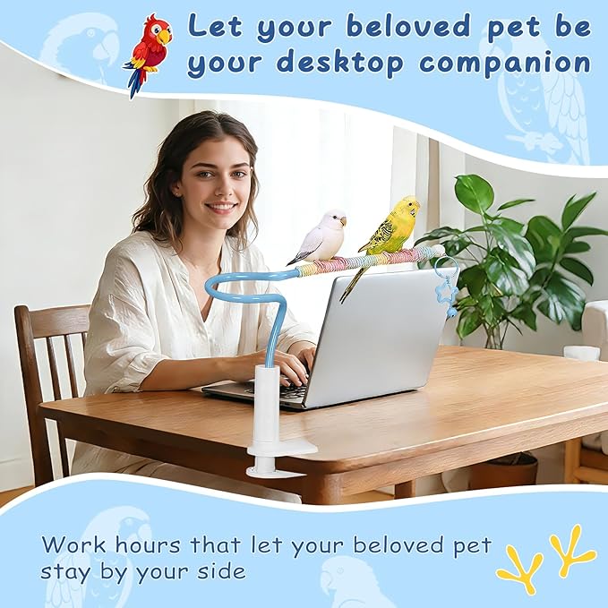 DKE&YMQ Bird Perch Stand with Pet Pad Set - Flexible Desktop Playground & Accessories for Parrots, Parakeets, Cockatiels, and Conures (Blue Medium)