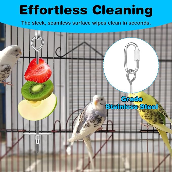 3 Pack Bird Cage Food Holder, Rat Foraging Toys, Stainless Steel Parrot Fruit & Vegetable Skewer Hanging Foraging Toy for Parakeets, Budgies, Macaws