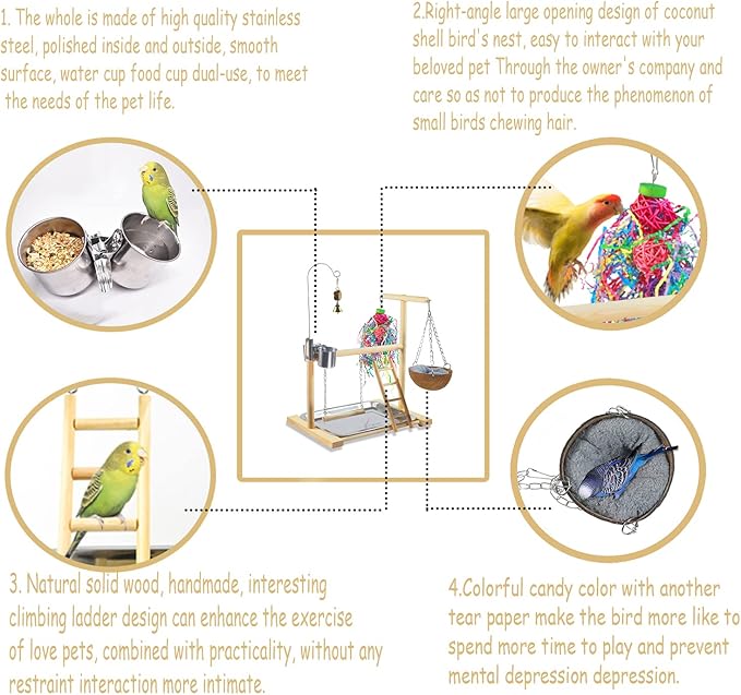 Bird Stand Fun Straw Bell Toys,Parrot Wooden Platform Stand with Perch Ladder, Swing, Bell & Feeder