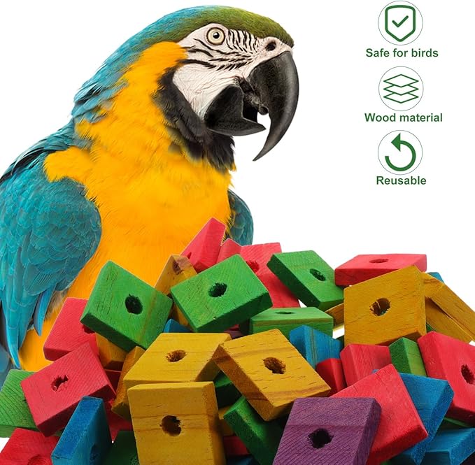 NOLITOY Bird Toys: 100 Pcs Wooden Blocks, Parrot Chew Toys Beak Trim Foot Craft Cage Parts DIY Shredding Playing for Macaw Conure African Grey Indoor Gift for Bird Lovers (Mixed Colors)