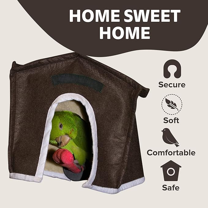 Crazy K Farm - Avian Haven Bird Hut, Comfy Bird Snuggle Hut, Plush Pet Bird Hut for Sleeping and Snuggling, Hanging Bird Cage Hut with Sherpa, Cozy Bird Cage Accessories Small, Brown