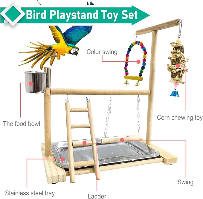 Hamiledyi Bird Playground Parrots Play Stand Natural Wooden Parrot Perch Gym Playpen Pet Parakeet Ladders with Feeder Cups for Cockatoo Conure Cockatiel Cage Accessories Exercise Toy (Include a Tray)