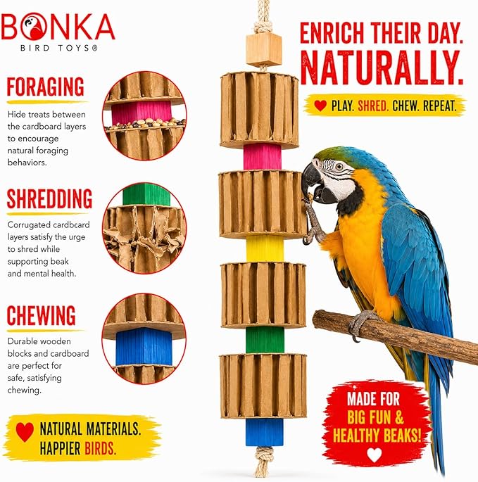 Bonka Bird Toys 3750 Big Quad Blocks N Cube 12" Wood and Metal Hanging Chew Toy for Medium to Large Birds Parrot Cage Enrichment