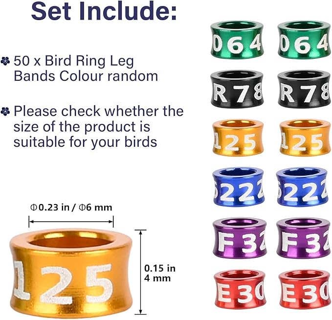 Bird Rings, Bird Bands, Bird Leg Rings, Multicolor Aluminum Leg Rings, Identification Training Rings Hibiscus Birds, Parrots, Peonies, Mixed Colors 50 Per Pack