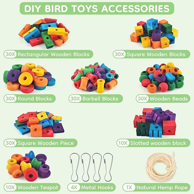 DBNESS Bird Toys for Parrots, 200 Pcs Colorful Multi-Shaped DIY Wooden Blocks Craft, Natural Parrot Chew Training Foot Toy for Amazon African Grey Cockatiels Conure Monk Parakeet
