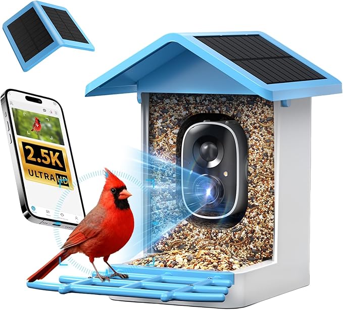 isYoung Smart Bird Feeder with Camera, 2.5K QHD Resolution, AI Identify 16000+ Birds, AI Auto-Capture & Motion Detection, IP65 Water-Resistant, 5W Solar Powered, Best Gift for Bird Lovers（Blue）