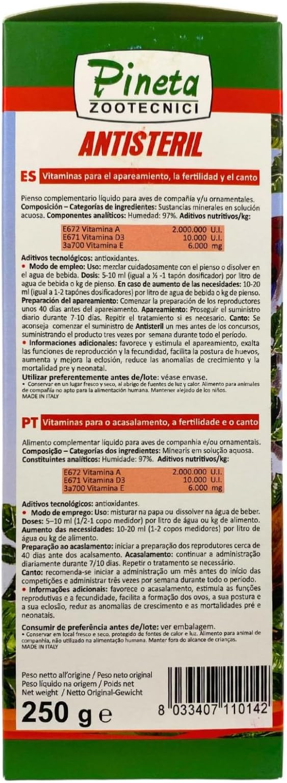 Pineta Antisteril Nutritional Antioxidant Supplement for Birds - Increases Mating, Fertility and Singing (250g)