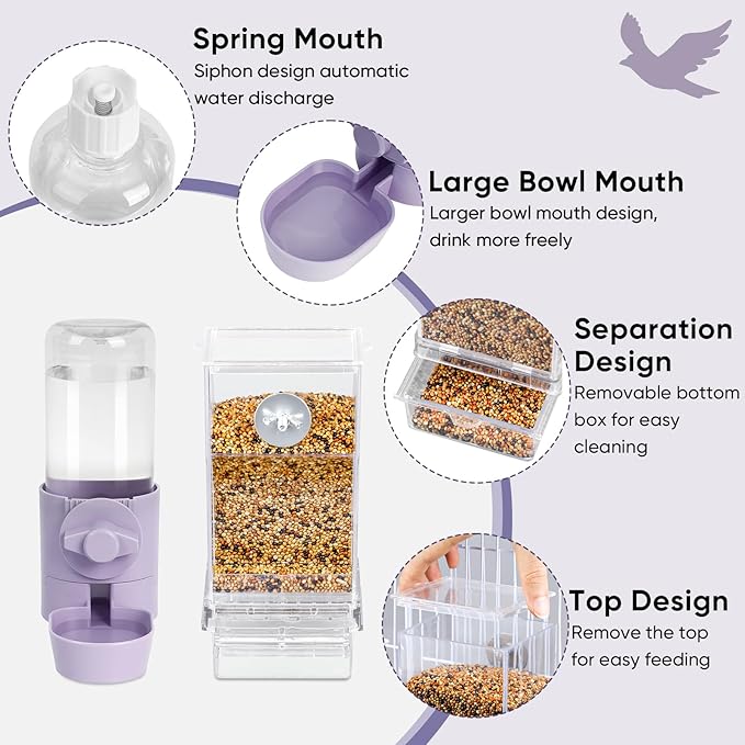 lemtrflo No Mess Bird Feeder Water Dispenser Set, Bird Feeder for Cage, Cage Accessories for Cockatiels, Finches, Budgies and Canaries