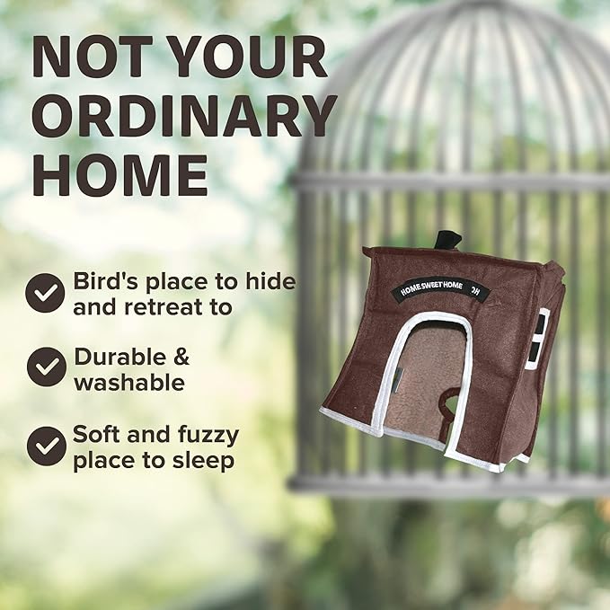 Crazy K Farm- Avian Haven Bird Hut, Comfy Bird Snuggle Hut, Plush Pet Bird Hut for Sleeping and Snuggling, Hanging Bird Cage Hut with Sherpa, Cozy Bird Cage Accessories Extra Small, Brown