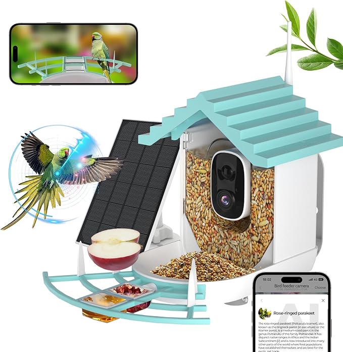 Smart Bird Feeder with Camera, Bird House with Solar Powered AI Recognition Instant Notifications, Feeder with Wireless Camera Ideal Gift for Bird Lover