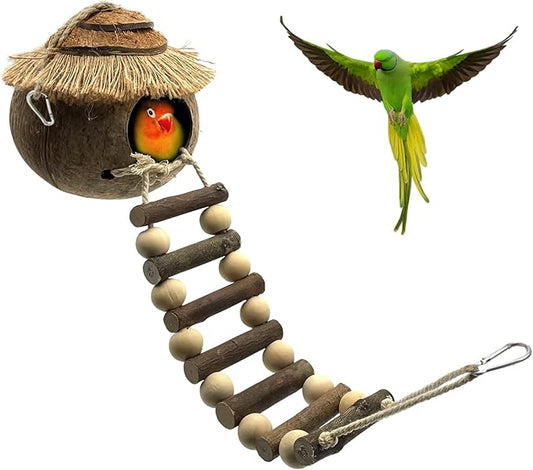 Tfwadmx Hanging Bird House with Ladder Natural Coconut Fiber Birds Nest Coco Shell Hideaway Lovebird Swing Toys Parrot Cage Accessories for Parakeet Finch Parrot Canary