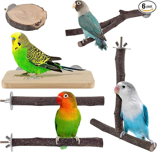 DBNESS Bird Perches, 6 Pcs Natural Wood Parrot Perch Stand Chew Toys, Hanging Multi-Branch Parrot Perch Platform Swing Toy Cage Accessories for Small Parakeets, Budgies, Lovebirds, Canaries, Finches