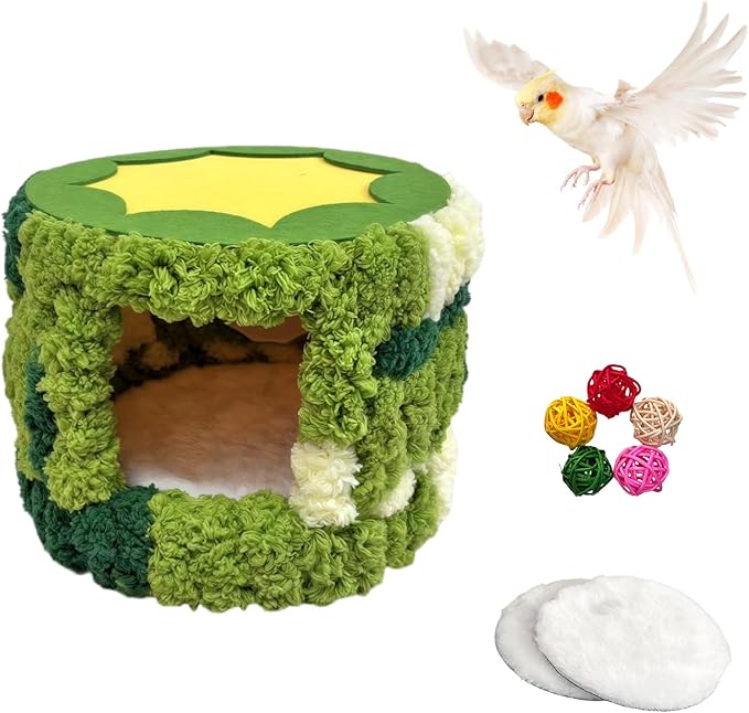 Plush Cylindrical Bird Nest,Warm Bird Nesting House,Bird Breeding House Cockatiel Snuggle Hut for Conure,Cockatiel, Lovebird, Budgie,Canary, Finch, Hamster and Other Small Pets (Green)