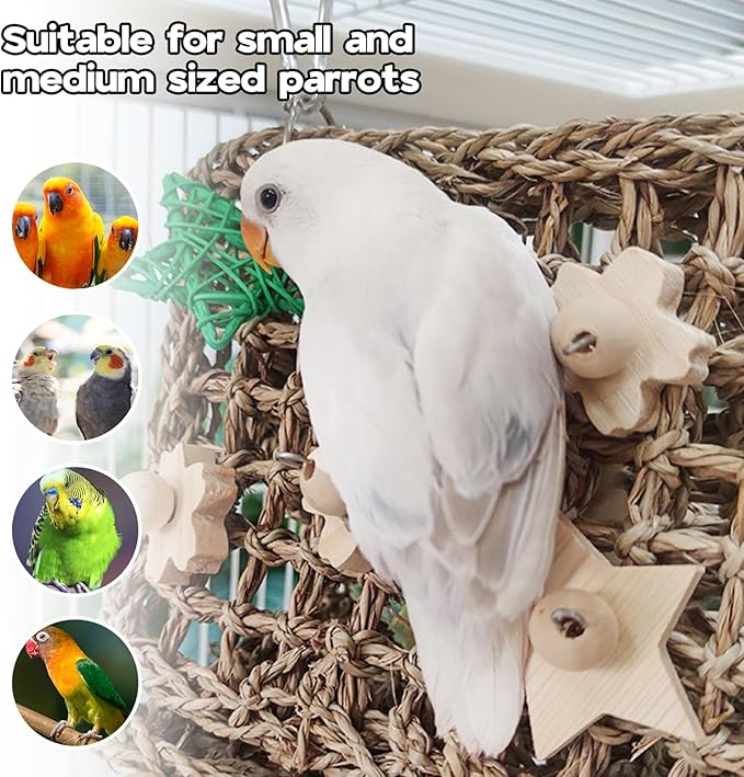 Seagrass Handwoven Bird Bed for Cage, DIY Parakeet Nest & Climbing Ladder, Breathable Bird Hammock Tent, Hut Hideout for Parakeets, Lovebirds, Budgies, Cockatiels(SJ)