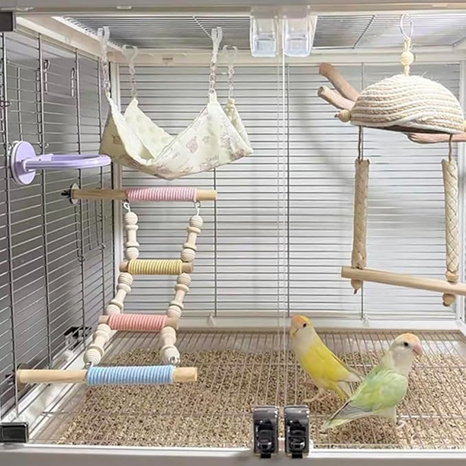 4-Step Colorful Bird Ladder Perch with Screws for Parakeets Cockatiels Lovebirds — Natural Wood & Cotton Rope Climbing Toy for Bird Cage (Screw-Mounted)