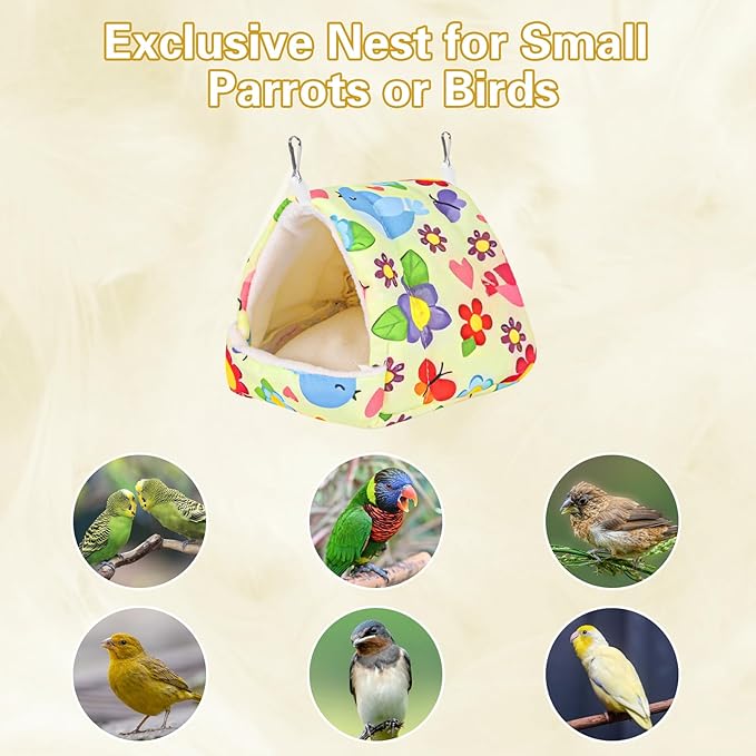 Bird Bed for Cage Warm Winter Nest Hammock with Hanging Hook Cage Accessories for Small Birds Parakeets Cockatiels Love Birds Cockatiels Conures Hamster (Yellow, S)