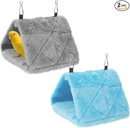 2Pcs Bird Nest Hammock, Birds Hut for Cage, Warm Plush Snuggle Cave Hanging Bed, Parrot Sleeping Bed for Budgies, Parakeets, Cockatiels & Small Parrots (Blue & Grey Size S)