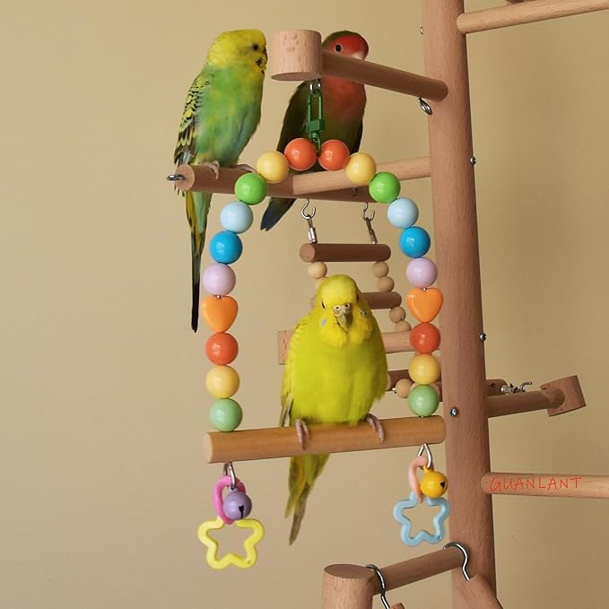 Bird Swing for Small Birds, Parakeets Cage Wooden Perch Birdcage Stands, Parrot Colorful Acrylic Beads Swings Toy with Bell Playground Gym Accessories Training Toys for Lovebirds Budgies