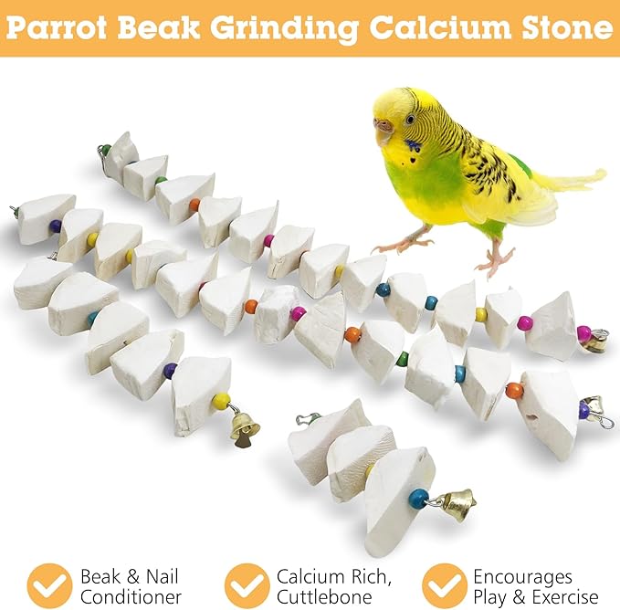 BNOSDM Bird Toys with Cuttlebone 4 Pack Hanging Cuttle Bone Chew Toys Natural Bird Beak Grinding Stone Parakeet Calcium Toys Bird Cage Accessories for Budgies Cockatiels Lovebirds Conures Parrots (9)
