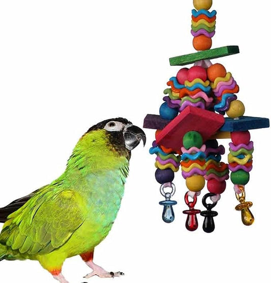 Super Bird Creations SB736 Wiggles and Wafers Bird Toy - Interactive Enrichment for Parrots, Quakers, Caiques, Pionus, Senegals - Wooden, Acrylic Beads, Pacifiers - Medium Bird Size, 3” x 5” x 9”