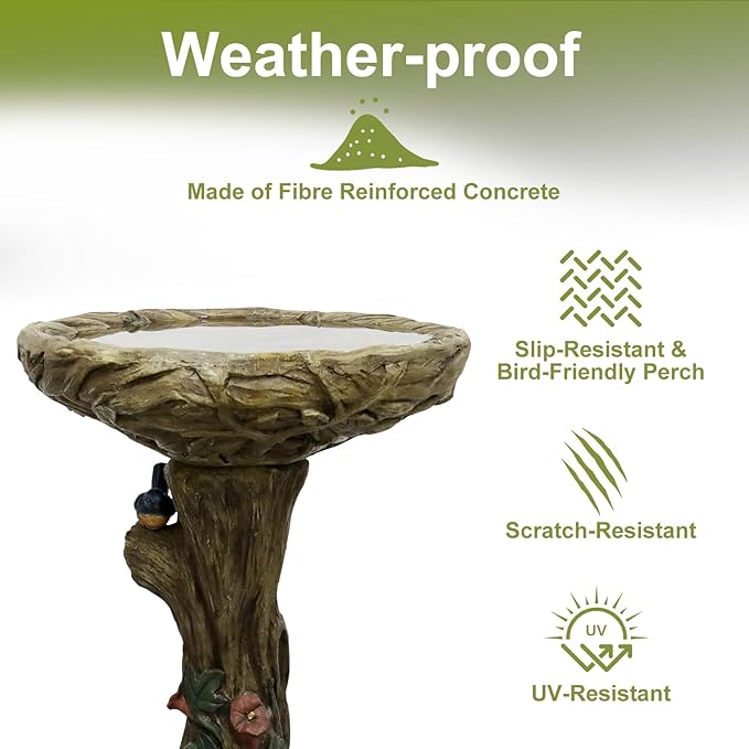 SKYFIRE 25.5” H Fibre Reinforced Concrete Bird Bath with Birds for Garden, Woodland Tree Trunk Decoration Outdoor Bird Bath，Pedestal Birdbaths for Outdoors, Garden, Patio, Lawn, Backyard