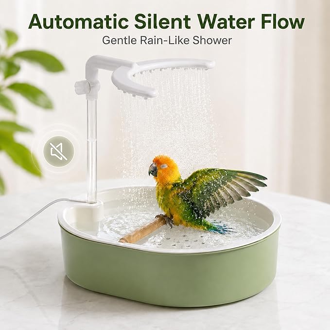Automatic Bird Bath Shower, USB Pump Adjustable Flow Parrot Parakeet Fountain Wood Perch for Cockatiel Budgie Conure Indoor Cage