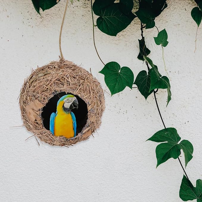 BESPORTBLE Hanging Straw Bird Nest, Outdoor Decorative Birdhouse for Garden, Micro Landscape Adornment, Safe Shelter for Birds, Coffee, 3.93 X 3.93 X 3.54 Inches