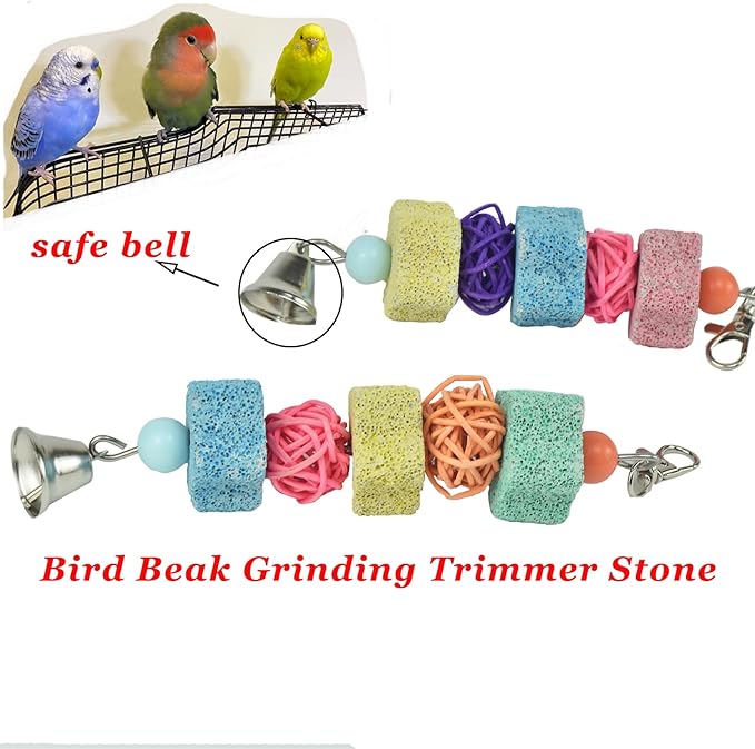 2 Pack Parakeets Parrot Chewing Toy, Bird Beak Grinding Stone Lava Calcium Blocks, Hanging Bird Cage Nail Trimmer with Bell Rattan Balls for Small Parrots Cockatiel Budgies Lovebirds Rats Chinchilla