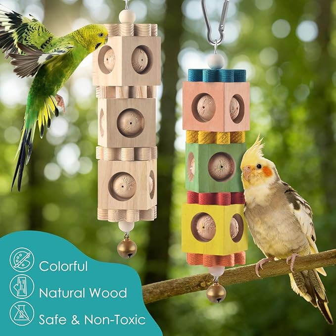 DBNESS 2 PCS Bird Chew Toys for Beak Grinding, Hanging Rotating Wood Block with Bell Parrot Foraging Enrichment Chewing Toy for Small to Medium Conure Cocktie Caique Similar Sized Pet Birds