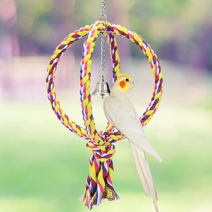 Litewoo Bird Swing Perch Stand Cotton Rope 2 Two Rings Toy for Parrot Budgie Parakeet Cockatiel Conure Lovebird Finch Canary Cockatoo African Grey Macaw Eclectus Amazon Cage Accessories