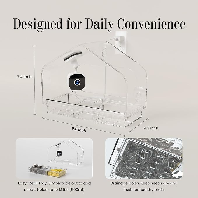 Smart Window Bird Feeder Camera with AI, Modern Design for Panoramic Views, 2K HD Live Feed, USB Powered & Secure Suction Mount - The Ultimate Tech Gift (Clear)