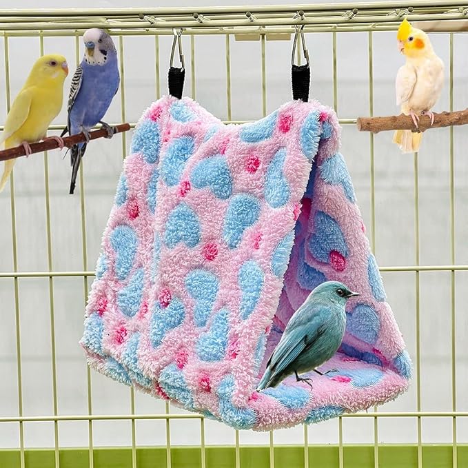 2 Pack Warm Bird Nest Plush Snuggle Bird Hammock Hanging Bird Cave Parrot Sleeping Bed Shed Hut Hanging Tent for Budgies Finch Parakeet Cockatiel Cockatoo Lovebird-Loving Heart (Pink&Green)