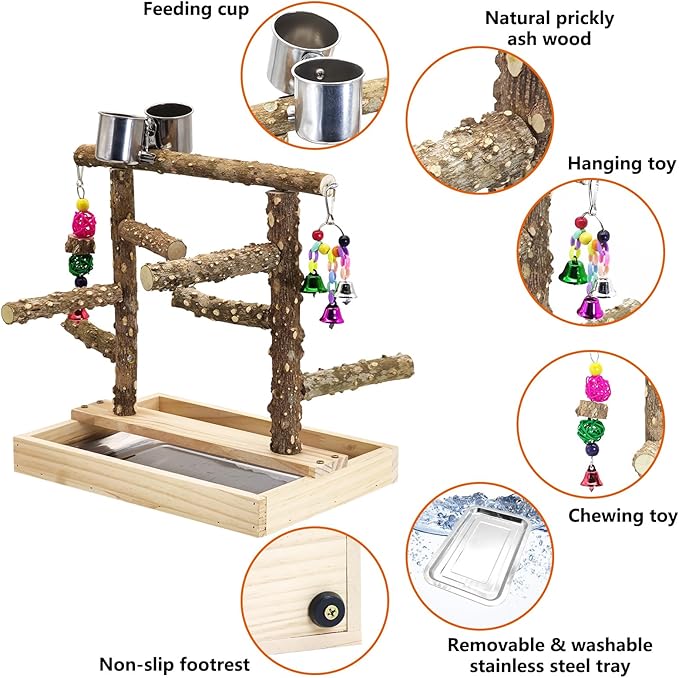 BNOSDM Natural Wood Bird Playground for Training & Playing, Parrot Perch Stand Jungle Gym with Detachable Tray & Stainless Feeder Cups Parakeet Cage Playstand for Budgie, Cockatiel, African Grey