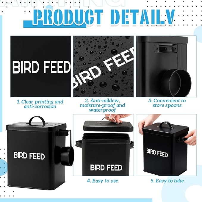 Reallnaive 2 Pcs Metal Bird Seed Container with Scoop, Bird Feed Storage Container with Fitted Lid, Farmhouse Style Ideal Gift for Birds and Pet Owners(Black)