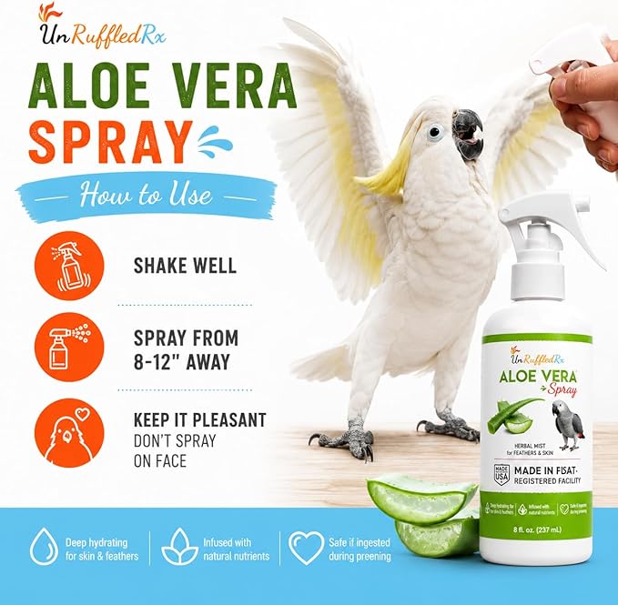 UnRuffledRx Aloe Vera Bird Spray for Parrots | Gentle Daily Support for Itchy Skin, Scratching, Dry Feathers & Feather Comfort | Fragrance Free & Safe if Preened, 8 oz