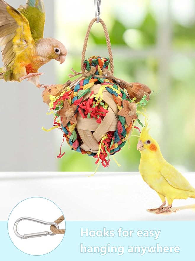 Wontee Bird Toys Colorful Shredding Crinkles Foraging Toys Natural Dried Fruits Chew for Cockatiels Conures Parakeets Budgies Senegal (2 Packs)