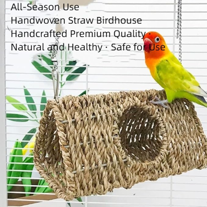 Seagrass Bird Triangle House Sea Grass Tent Parrot Tunnel with Hole Natural Hanging Hammock Swing Nest Bird Snuggle Hut Toy for Hamster Lovebird Budgie Conure Cockatiel (Small)