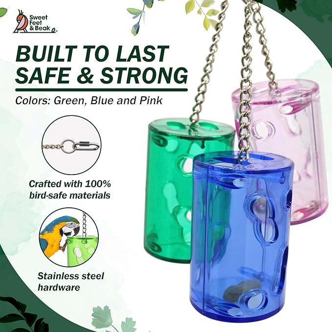 Sweet Feet and Beak Bird Proof Cockatiel Foraging Toys and Chewing Bird Toys for Parakeets – Refillable Plastic Container with Colorful Wooden Sticks – Durable & Small Size