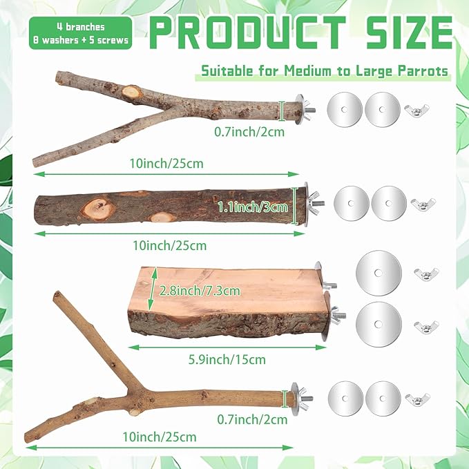 4-Pack Natural Wood Bird Perch Stand with Spacious Platform, Thick & Long Branches, Large Parrot Cage Accessories for African Grey, Macaws, Conures, Eclectus (Medium & Large Birds)