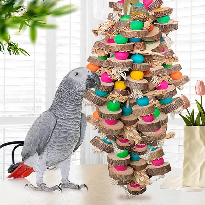 Large Bird Toys for Parrots Toys Natural Colored Wooden Bird Cages Chew Accessories for Macaws, Cockatoos, African Grey, and Amazon Parrots