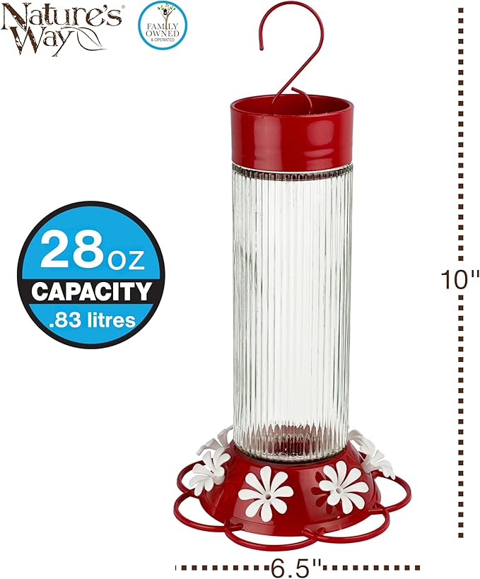 Nature's Way Hanging Glass Hummingbird Feeder for Outdoor Décor, 28 Ounce Capacity Nectar Feeder, Ant Moat, 7 Easy to Clean Flexible Ports, Red